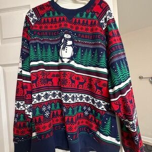 Fabletics Christmas Holiday Sweater Snowman Reindeer Fair Isle Navy Red Green